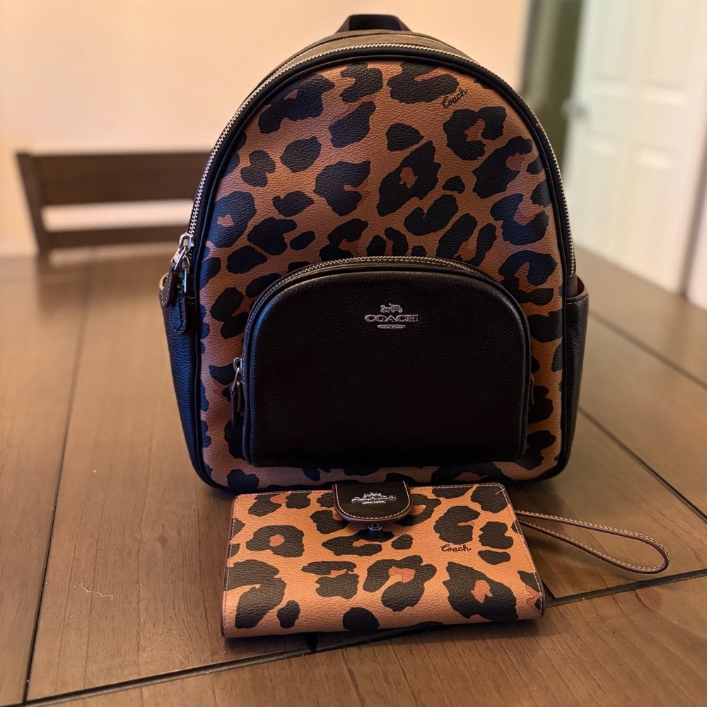 AUTHENTIC COACH Court Backpack in Leopard Print w/Matching Tech Wallet